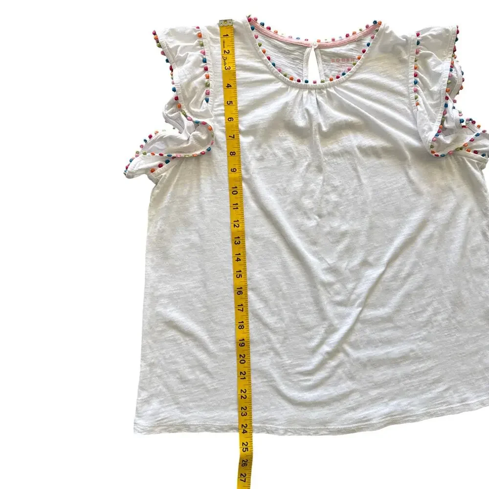 Boden White Pom Trim Ruffle Sleeve Cotton Top Size US 10 - Picture 9 of 9